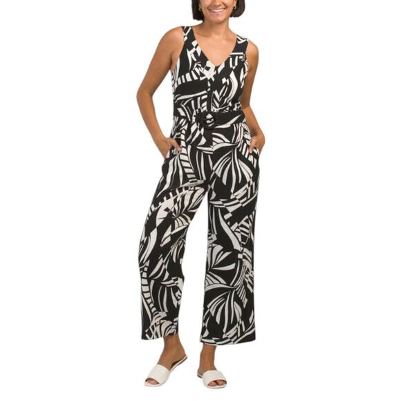 NWT Tahari Linen Wide Leg Jumpsuit with Belt Black White Summer Spring Size 6 - Picture 1 of 9